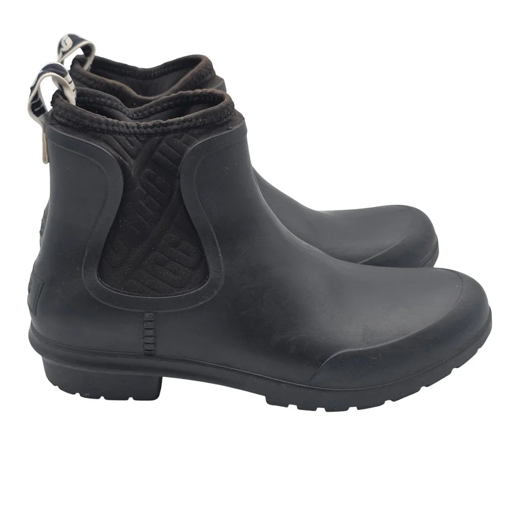 UGG Droplet Rain Boots Women 8 Black Waterproof Chelsea Style Ankle Boot 1110650